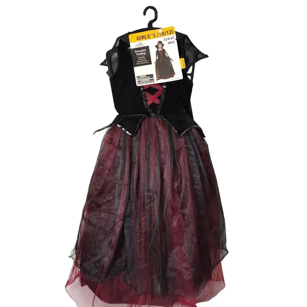 Girls L (10/12) Draculas Darling Dress With Cape Vampire Halloween Costume